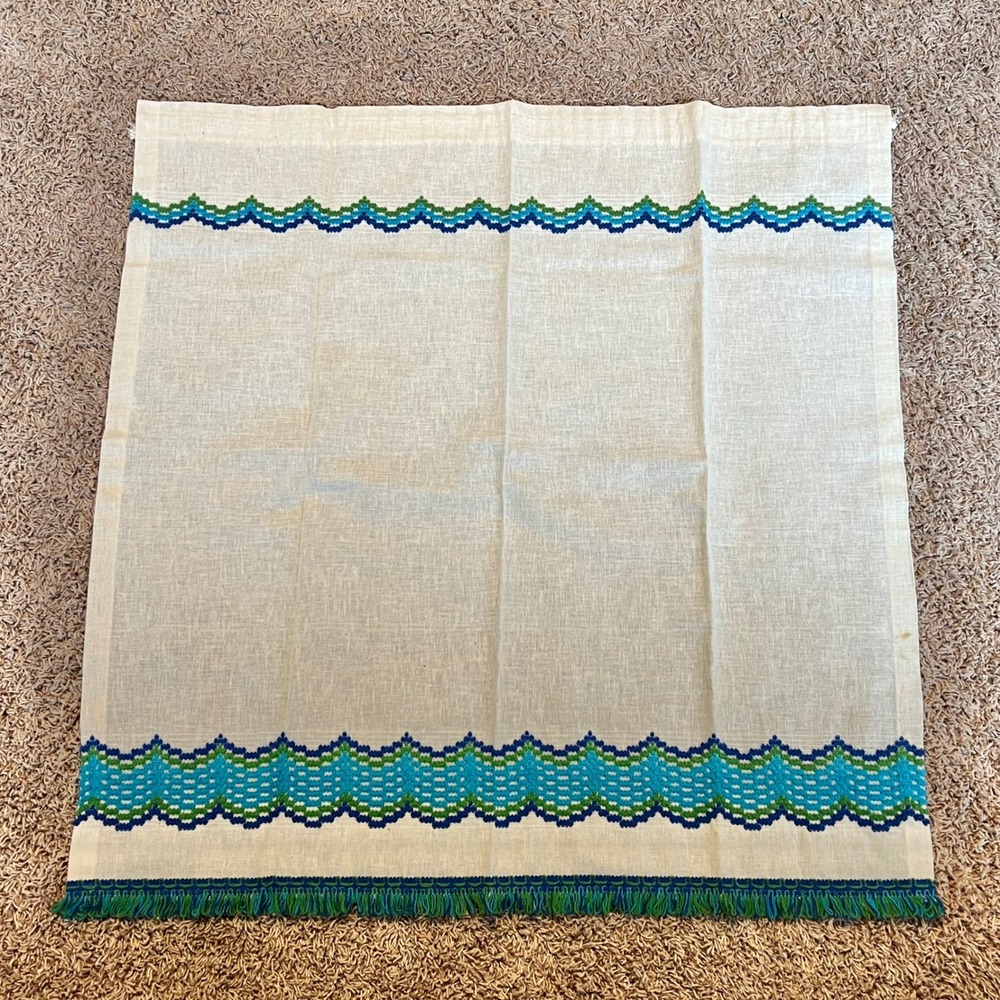Vintage Sears Perma-Prest Curtain Panel Blue Green Wavy Embroidery Fringe 34x34
